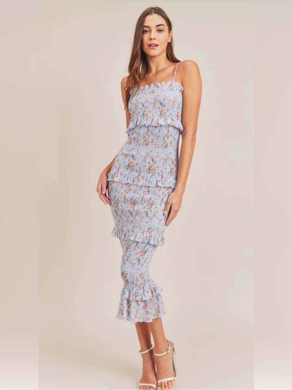 Baby Blue Floral Smocked Midi Dress with Ruffle Tiers